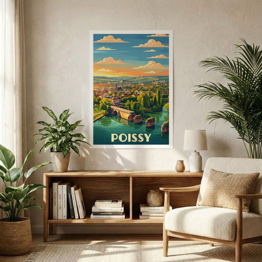 Affiche souvenir de la ville de Poissy avec une illustration stylisée de son pont historique.