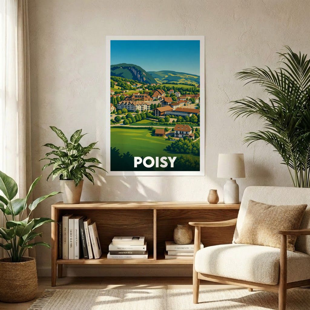Affiche souvenir de la ville de Poisy avec une illustration stylisée de son paysage vallonné.