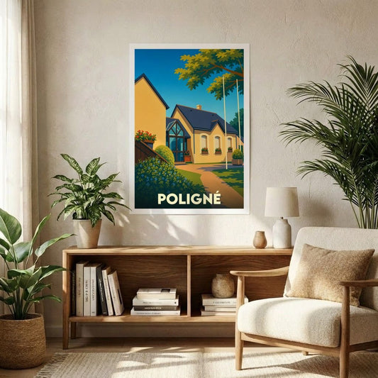 Affiche souvenir de la ville de Poligné avec une illustration stylisée d'une maison de village sous un ciel bleu.