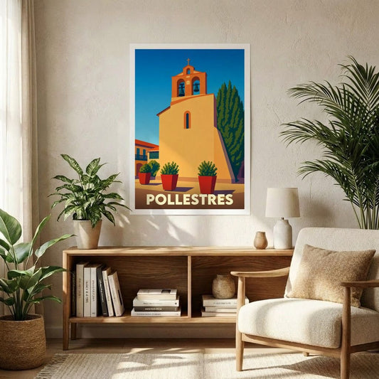 Affiche souvenir de la ville de Pollestres avec une illustration stylisée de son église sous un ciel bleu.