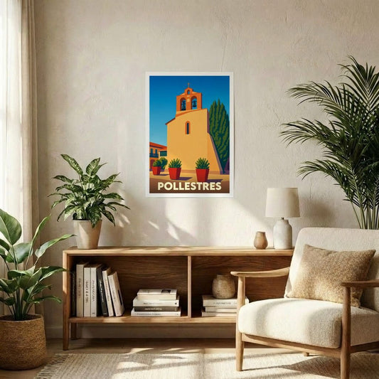 Affiche souvenir de la ville de Pollestres avec une illustration stylisée et colorée de son église.