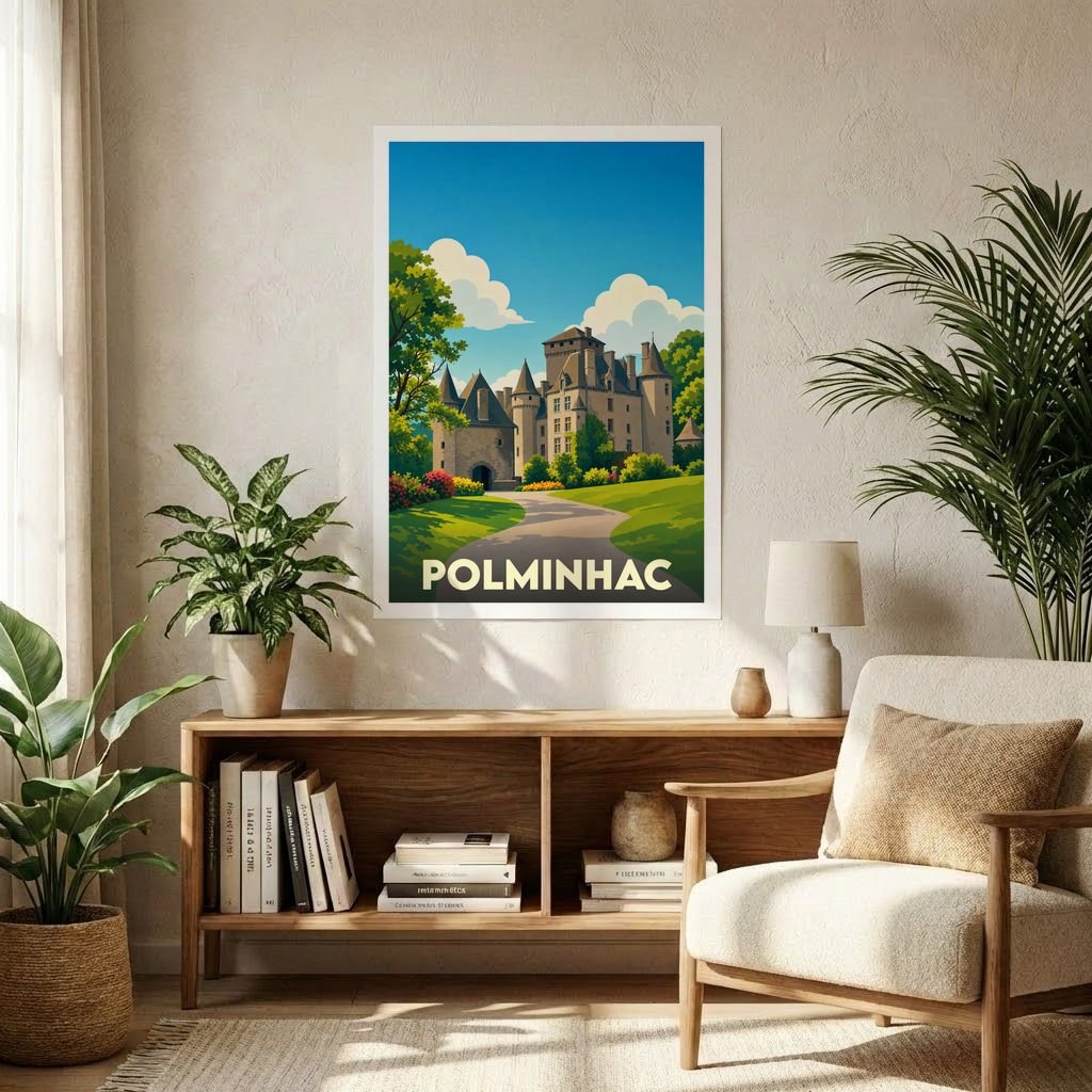 Affiche souvenir de la ville de Polminhac présentant une illustration stylisée de son château dans un cadre verdoyant.