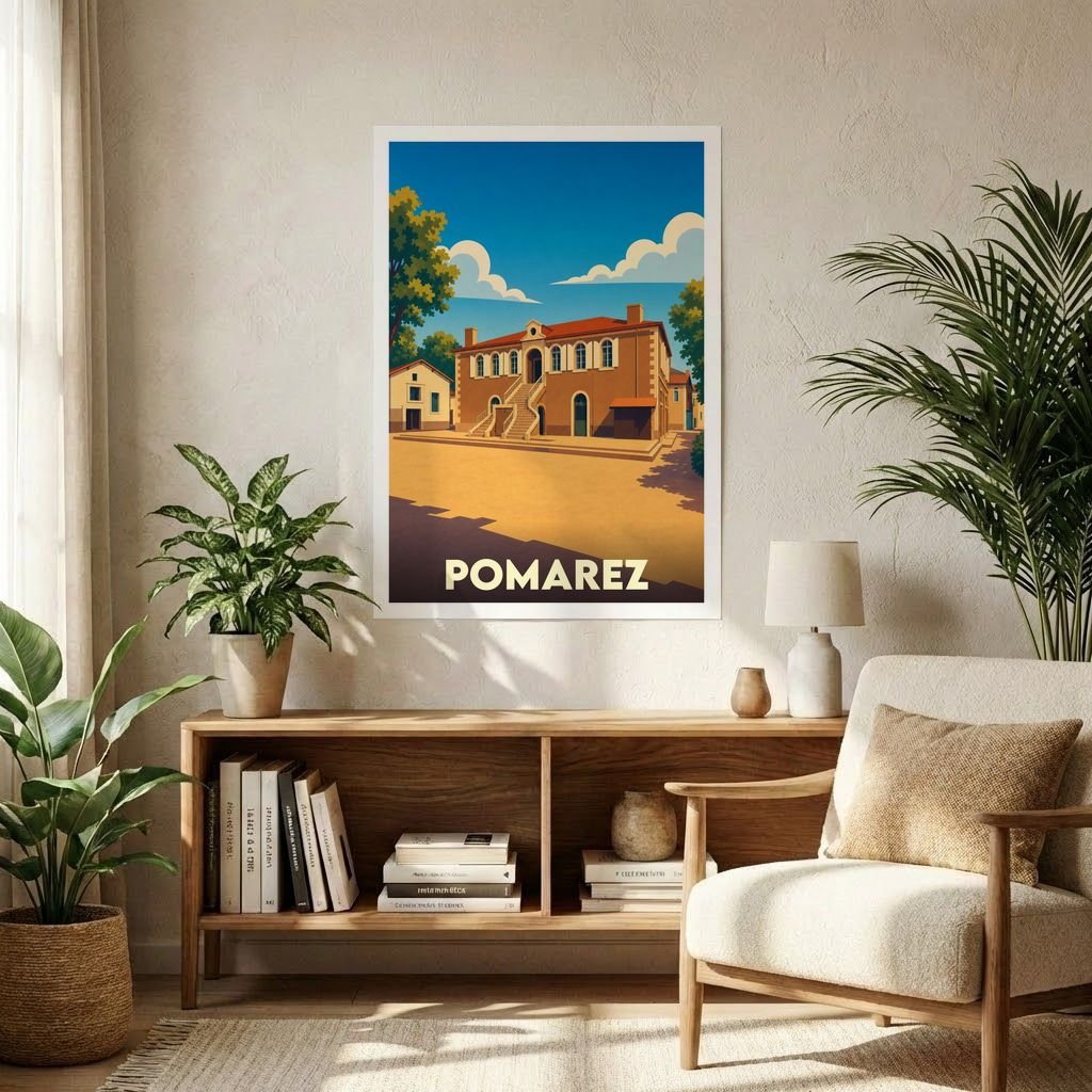 Affiche souvenir de la ville de Pomarez avec une illustration stylisée.