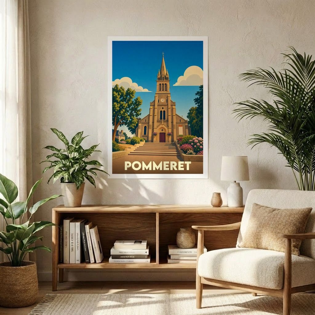 Affiche souvenir de la ville de Pommeret avec une illustration stylisée de son église sous un ciel bleu.
