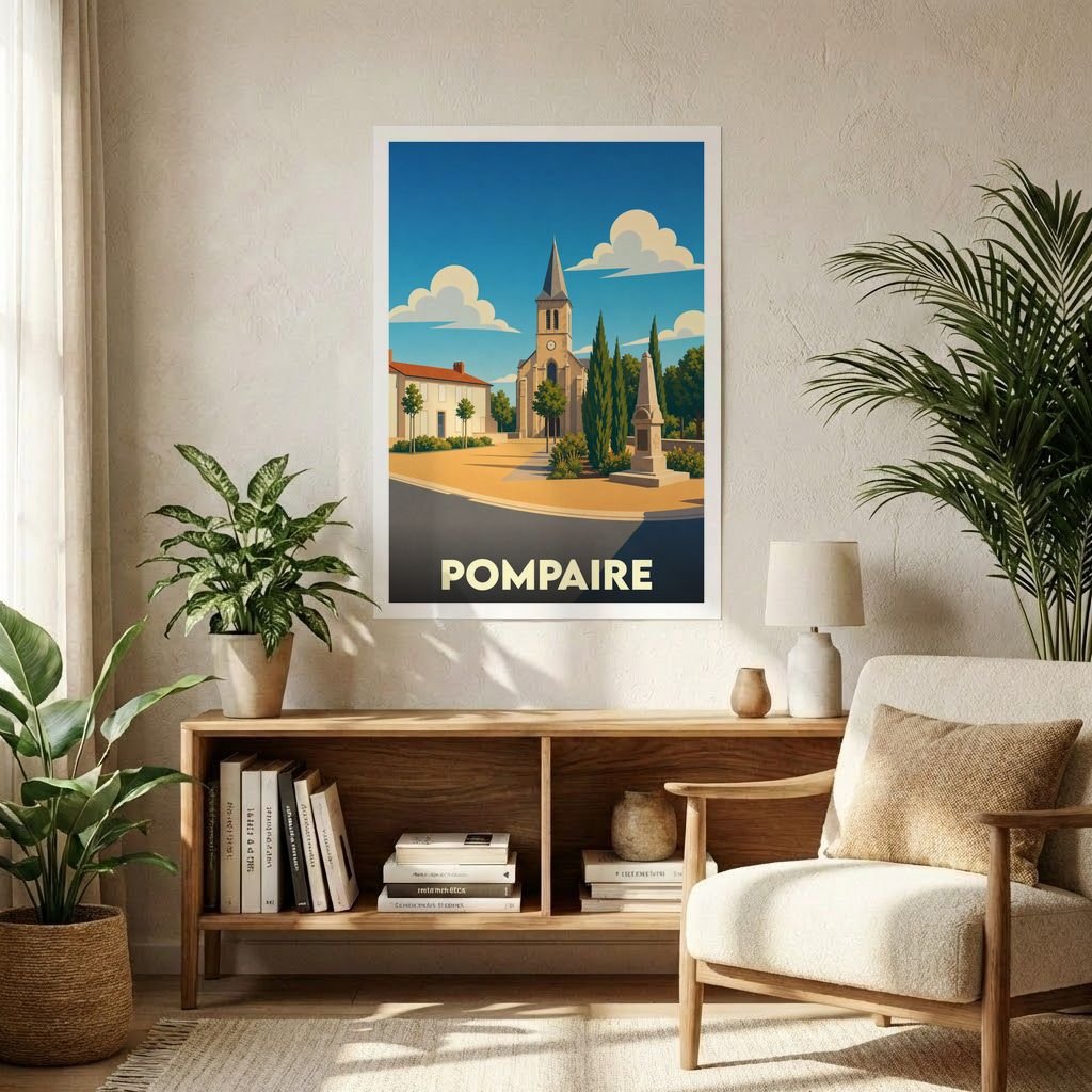 Affiche souvenir de la ville de Pompaire avec une illustration stylisée d'une église et d'une place ensoleillée.
