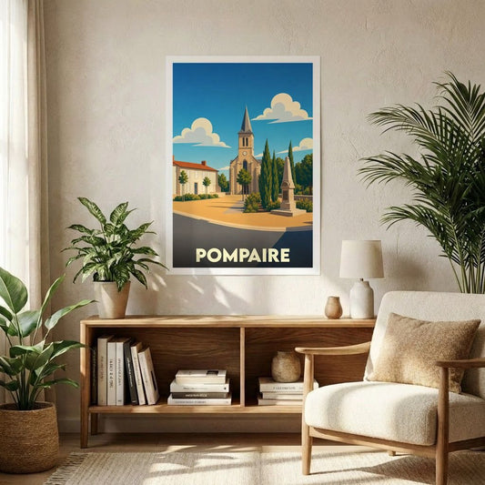Affiche souvenir de la ville de Pompaire avec une illustration stylisée d'une église et d'une place ensoleillée.