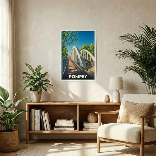 Affiche souvenir de la ville de Pompey représentant une illustration stylisée d'un pont en arche.