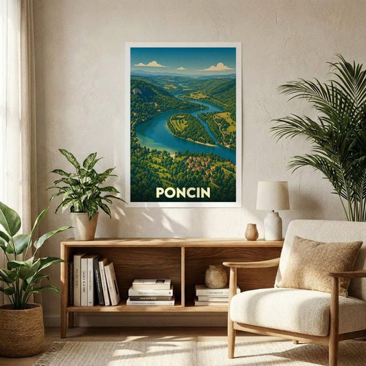 Affiche souvenir de la ville de Poncin avec une illustration stylisée d'un paysage de rivière et de montagnes.