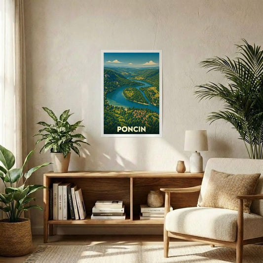 Affiche souvenir de la ville de Poncin avec une illustration stylisée de la rivière Ain serpentant à travers les montagnes verdoyantes.