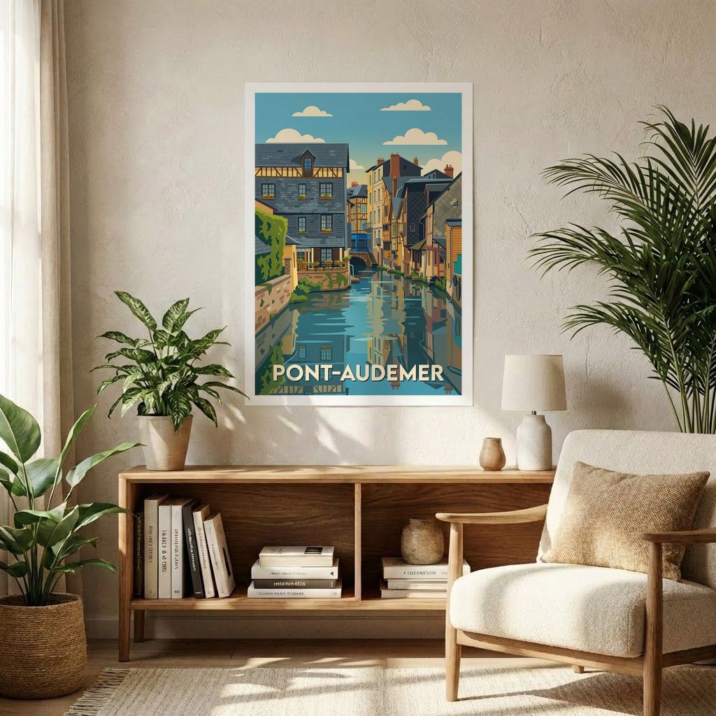 Affiche souvenir de la ville de Pont-Audemer avec une illustration stylisée de ses canaux et de son architecture traditionnelle.