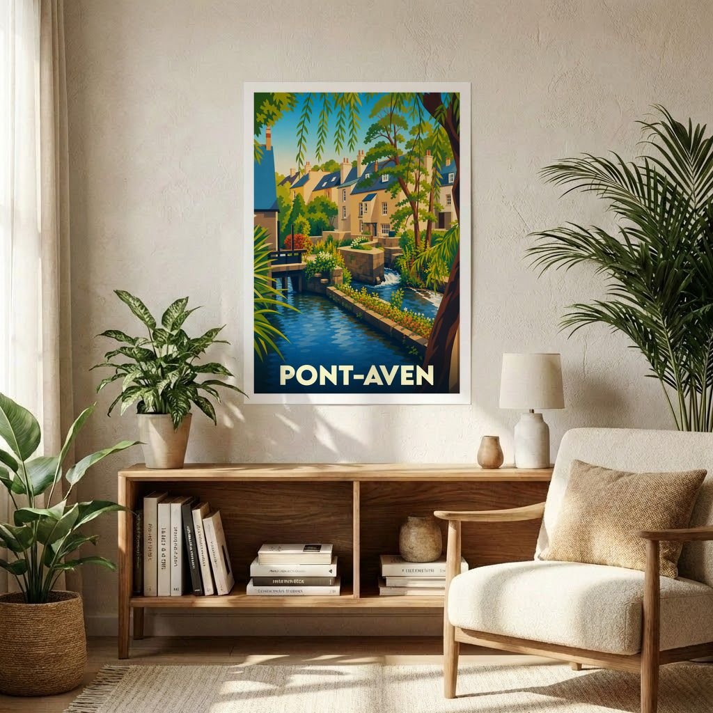 Affiche de Pont-Aven avec une illustration stylisée et colorée représentant les maisons et les bords de l'Aven.