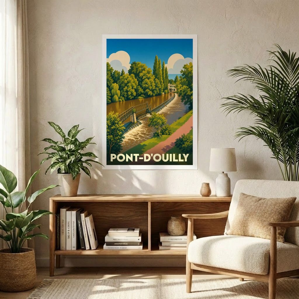 Affiche souvenir de la ville de Pont-d'Ouilly avec une illustration stylisée d'une rivière et de son barrage.