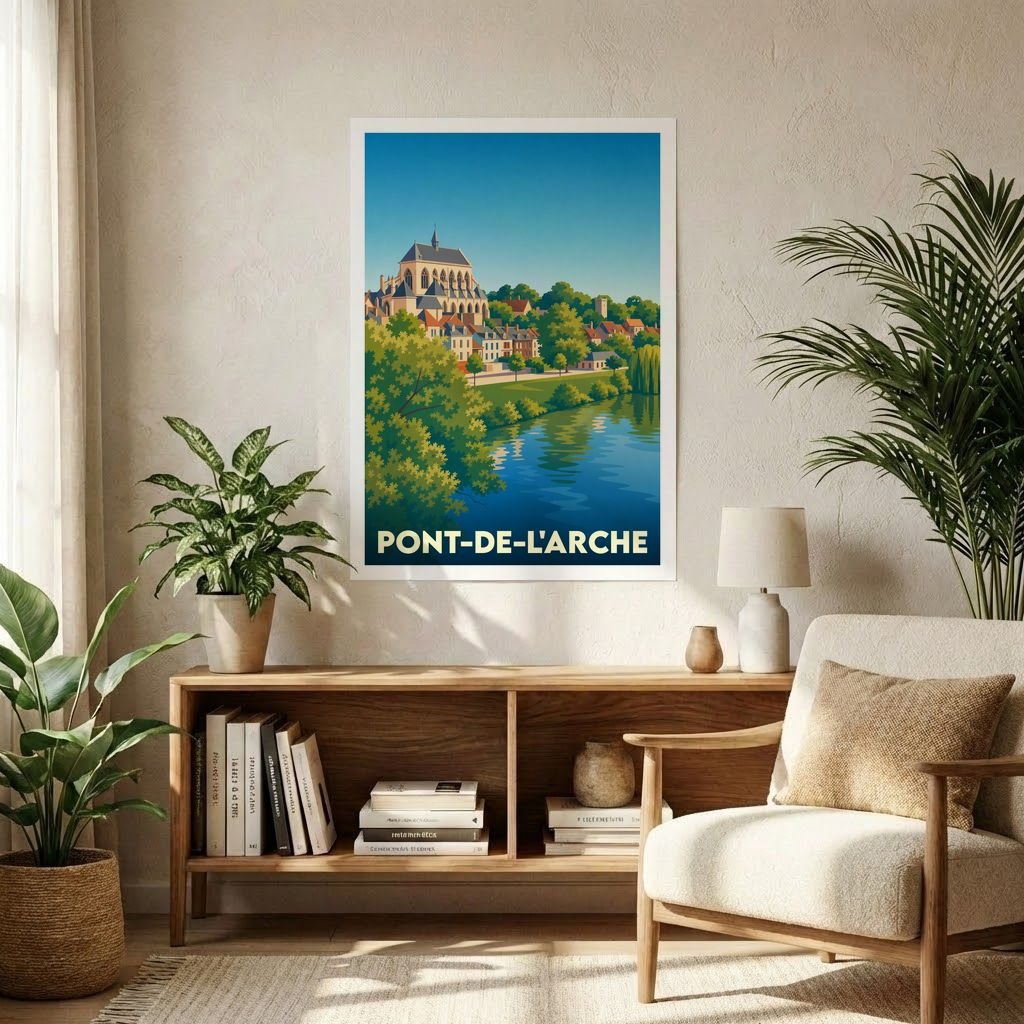 Affiche souvenir de la ville de Pont-de-l'Arche avec une illustration stylisée d'un paysage fluvial.