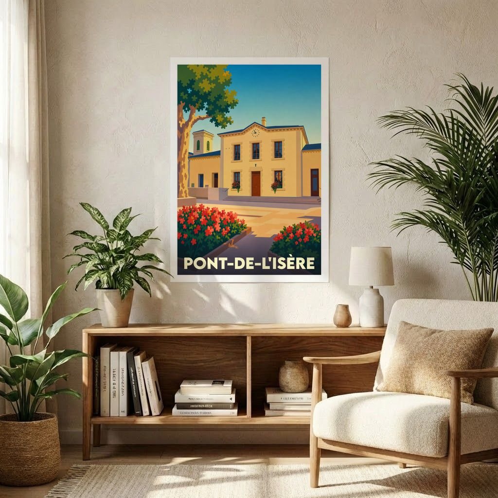 Affiche souvenir de la ville de Pont-de-l'Isère avec une illustration stylisée d'un bâtiment ensoleillé.