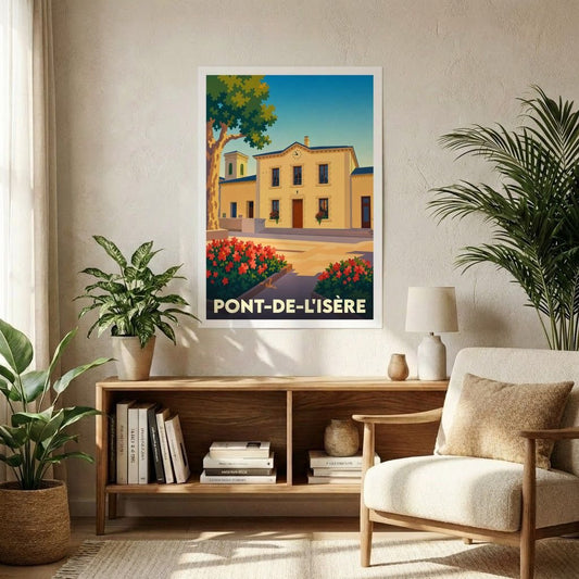 Affiche souvenir de la ville de Pont-de-l'Isère avec une illustration stylisée d'un bâtiment ensoleillé.