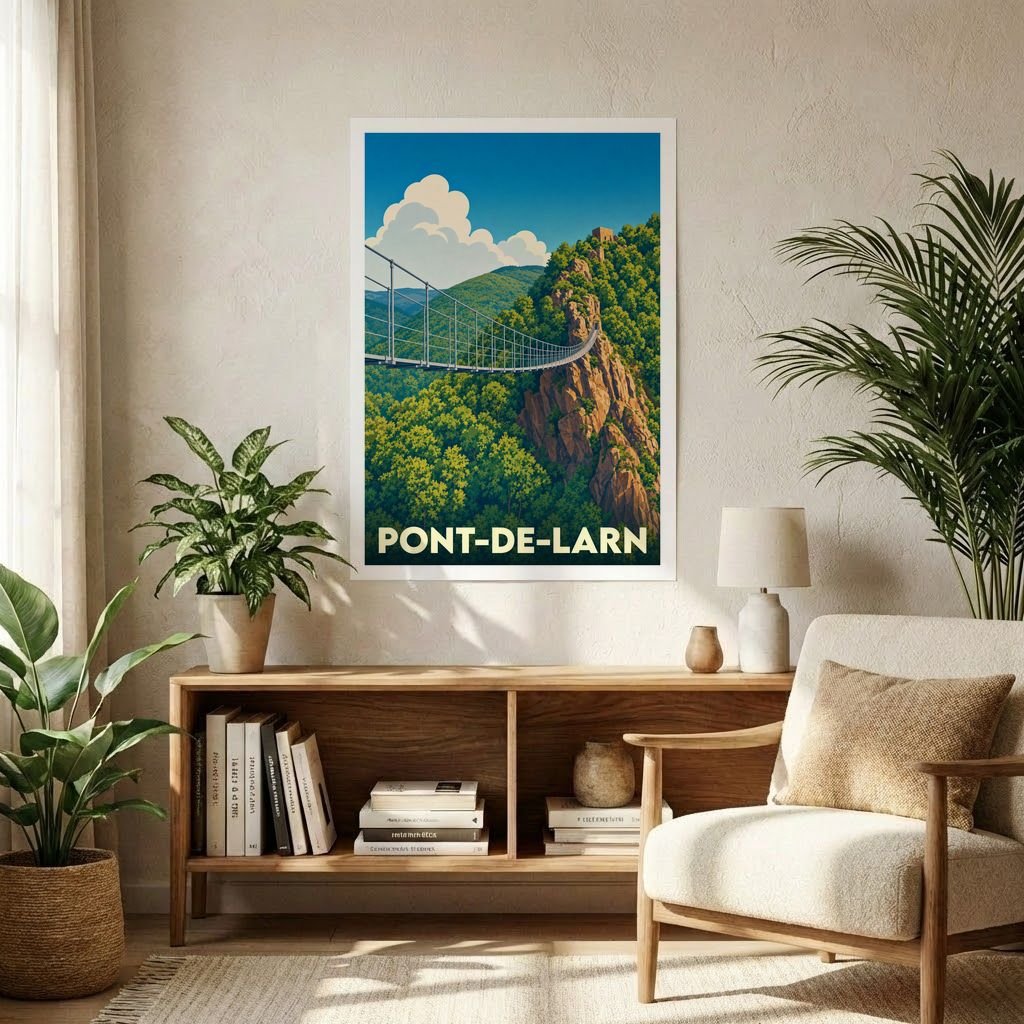 Affiche souvenir de la ville de Pont-de-Larn illustrant sa célèbre passerelle au cœur d'un paysage montagneux.