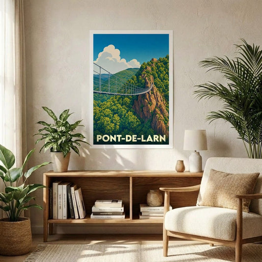 Affiche souvenir de la ville de Pont-de-Larn illustrant sa célèbre passerelle au cœur d'un paysage montagneux.