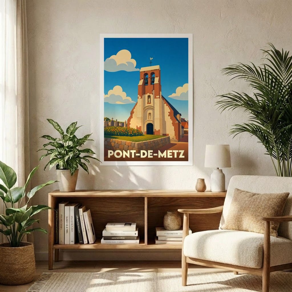 Affiche souvenir de la ville de Pont-de-Metz avec une illustration stylisée de son église.