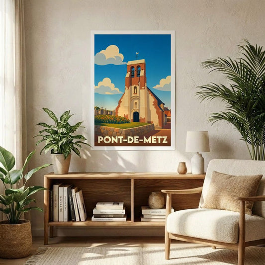 Affiche souvenir de la ville de Pont-de-Metz avec une illustration stylisée de son église.