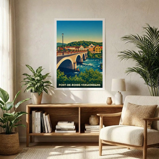 Affiche souvenir de la ville de Pont-de-Roide-Vermondans avec une illustration stylisée de son pont et de son paysage.