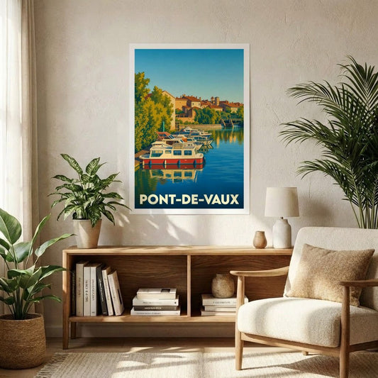 Affiche souvenir de la ville de Pont-de-Vaux représentant un port de plaisance avec une illustration stylisée.