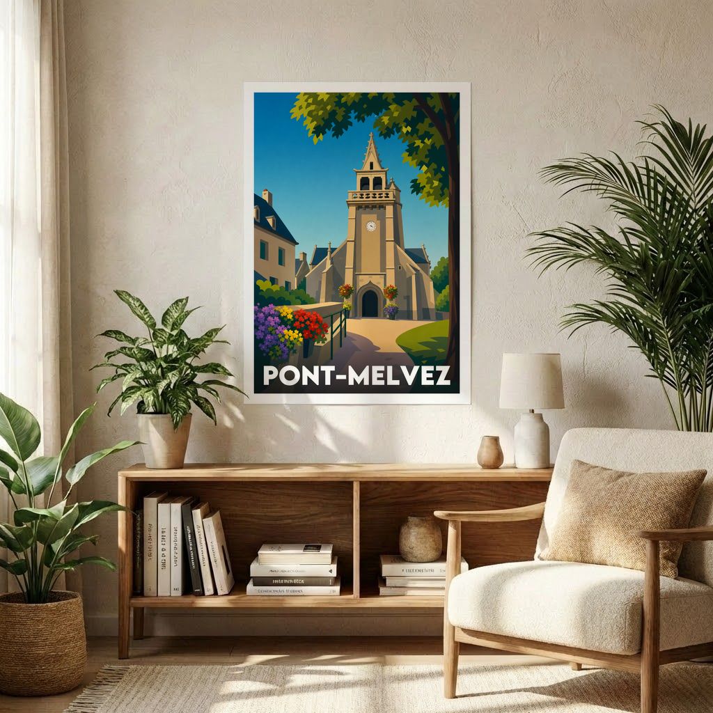 Affiche souvenir de la ville de Pont-Melvez avec une illustration stylisée de son église.