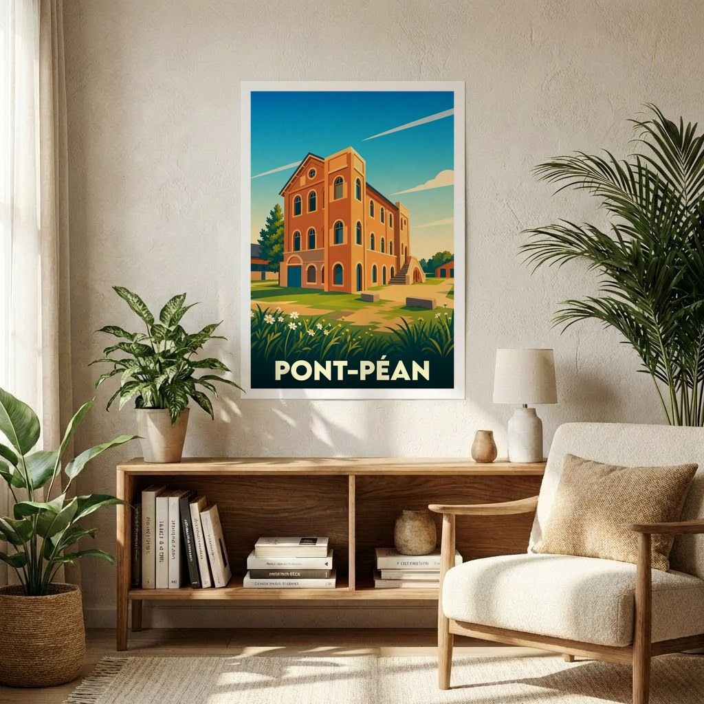 Affiche souvenir de la ville de Pont-Péan avec une illustration stylisée de son patrimoine architectural.