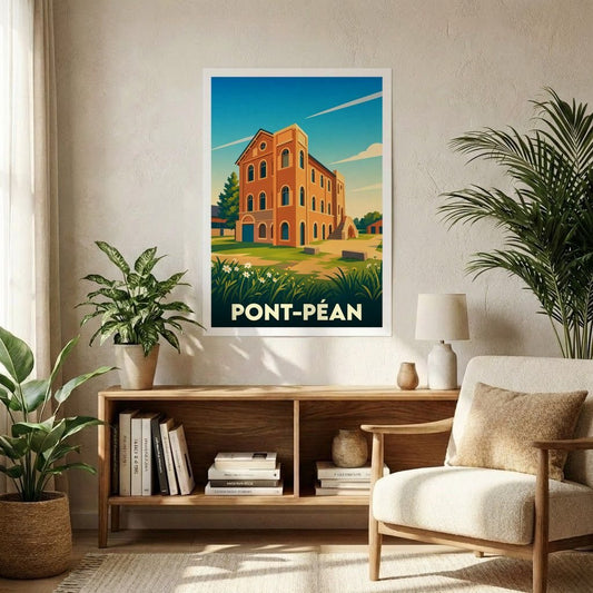 Affiche souvenir de la ville de Pont-Péan avec une illustration stylisée de son patrimoine architectural.