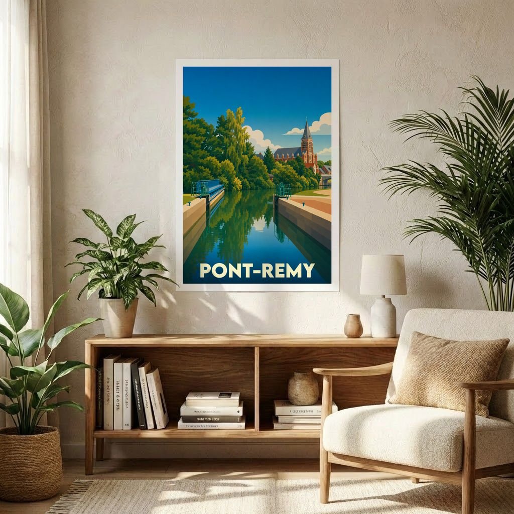 Affiche souvenir de la ville de Pont-Remy avec une illustration stylisée d'un canal et d'une église.