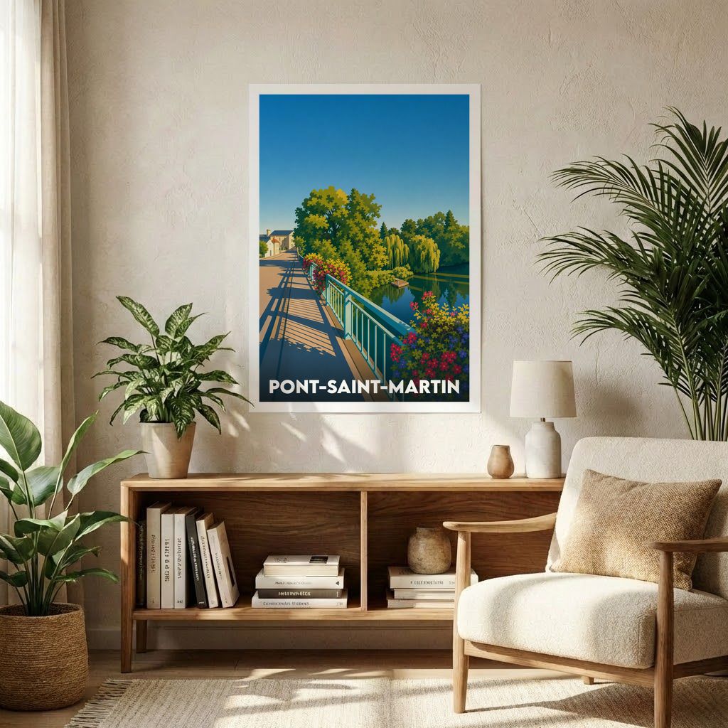 Affiche souvenir de la ville de Pont-Saint-Martin avec une illustration stylisée d'un pont fleuri en bord de rivière.