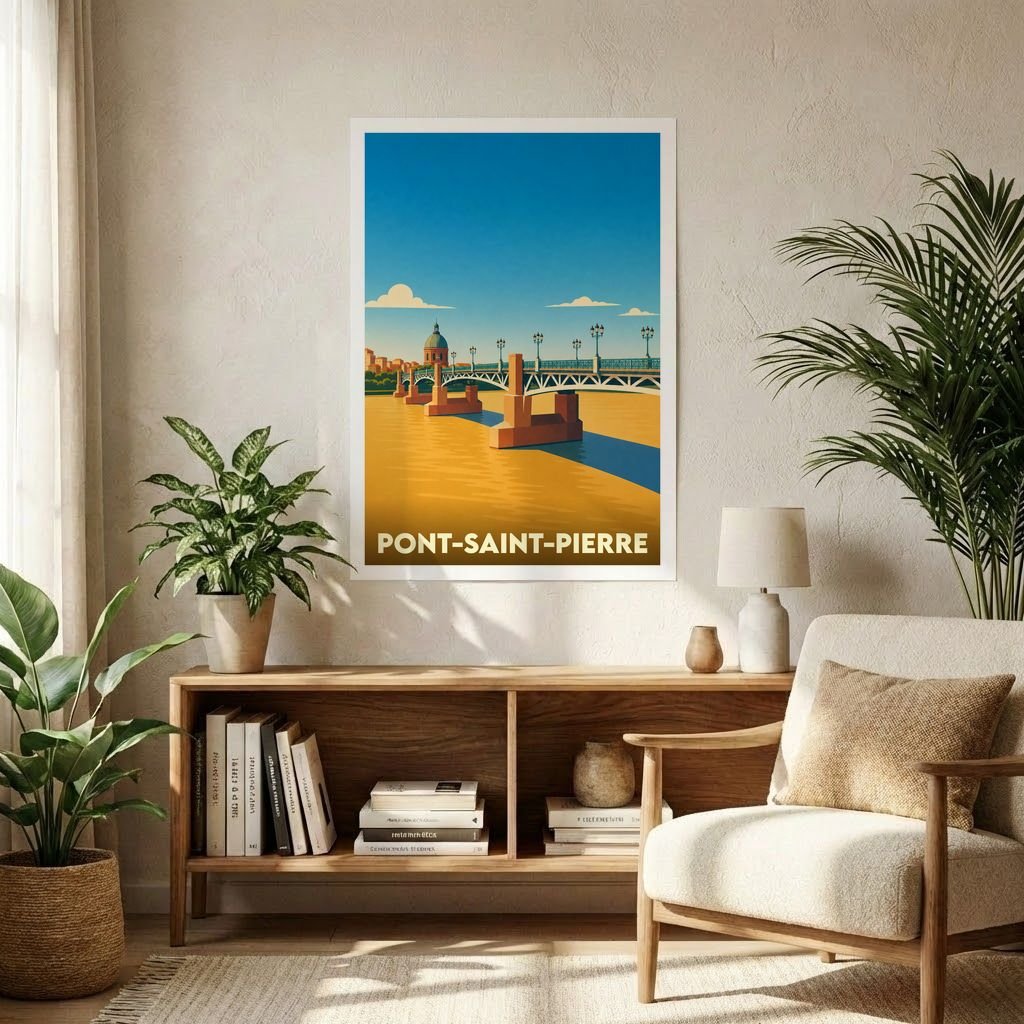 Affiche souvenir de la ville de Pont-Saint-Pierre avec une illustration stylisée du pont surplombant la rivière.