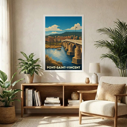 Affiche souvenir de la ville de Pont-Saint-Vincent illustrant son pont historique enjambant la Moselle dans un style rétro.