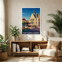 Affiche souvenir de la ville de Pont-Sainte-Maxence avec une illustration stylisée de son hôtel de ville fleuri.