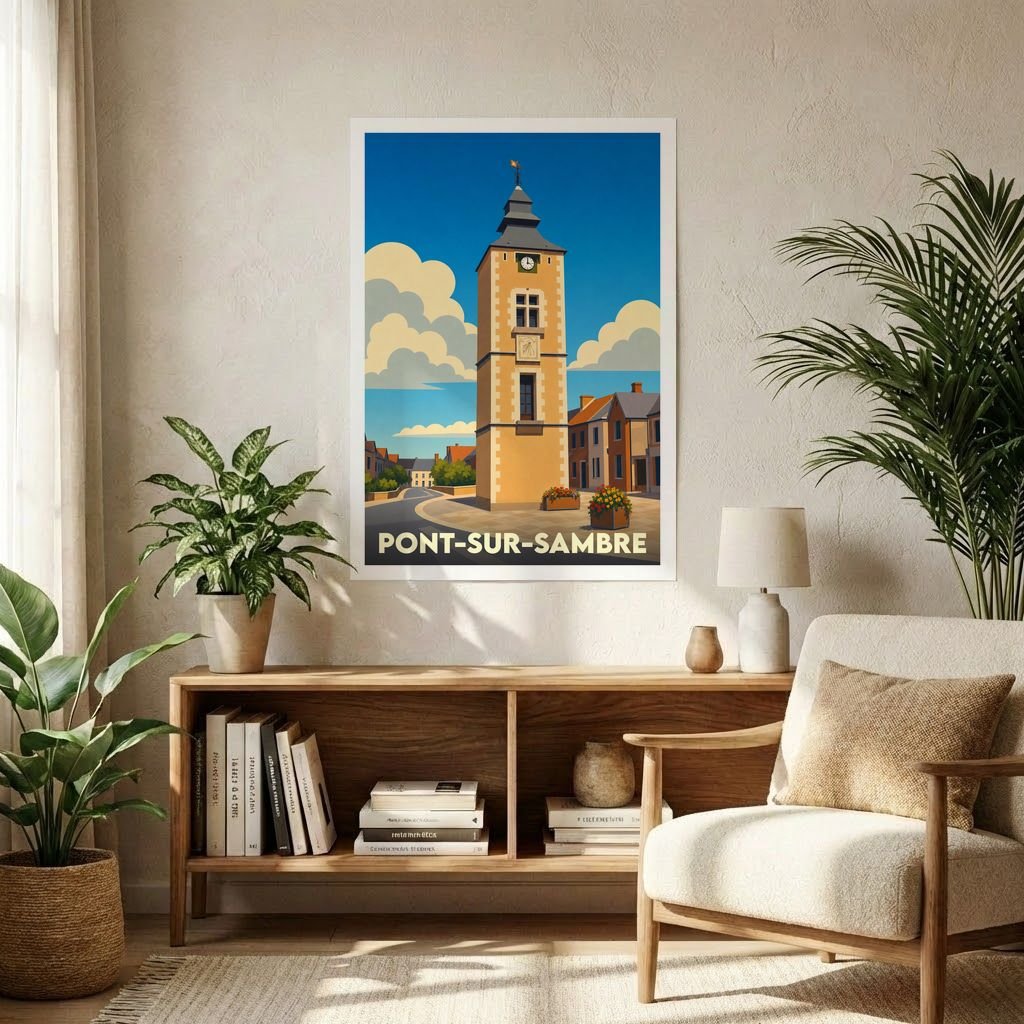 Affiche souvenir de la ville de Pont-sur-Sambre illustrant son beffroi historique dans un style vintage coloré.