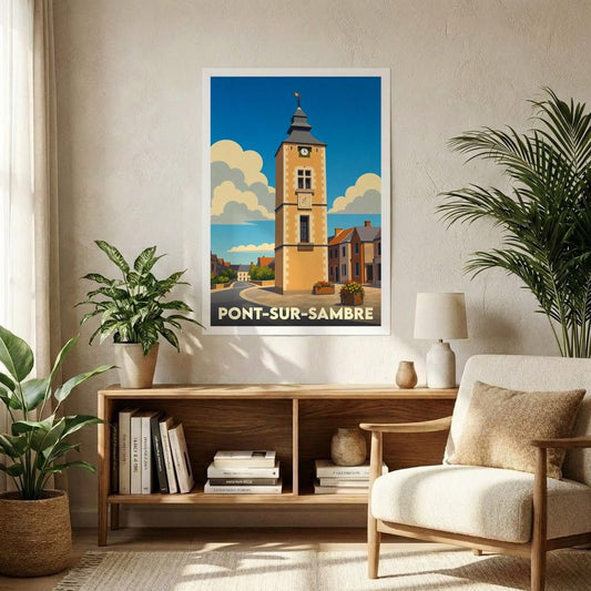 Affiche souvenir de la ville de Pont-sur-Sambre illustrant son beffroi historique dans un style vintage coloré.