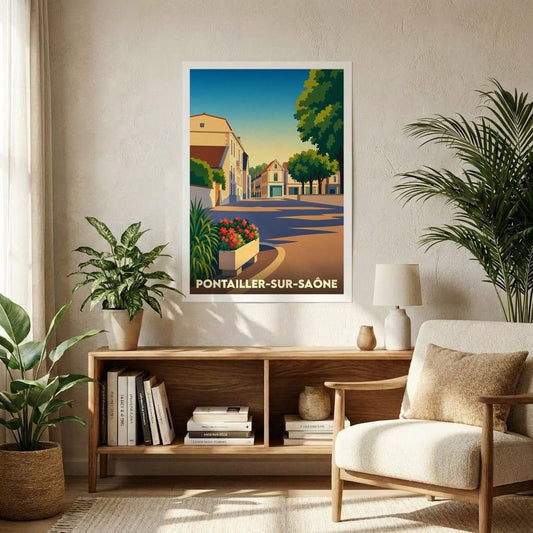 Affiche souvenir de la ville de Pontailler-sur-Saône avec une illustration stylisée et colorée.
