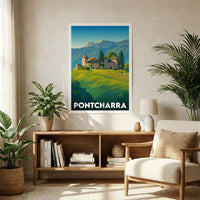 Affiche souvenir de la ville de Pontcharra présentant une illustration stylisée de son paysage montagneux et de son patrimoine.