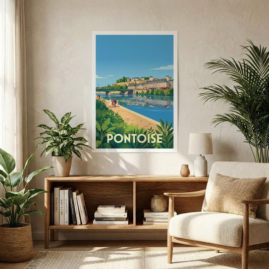 Affiche souvenir de la ville de Pontoise avec une illustration stylisée.