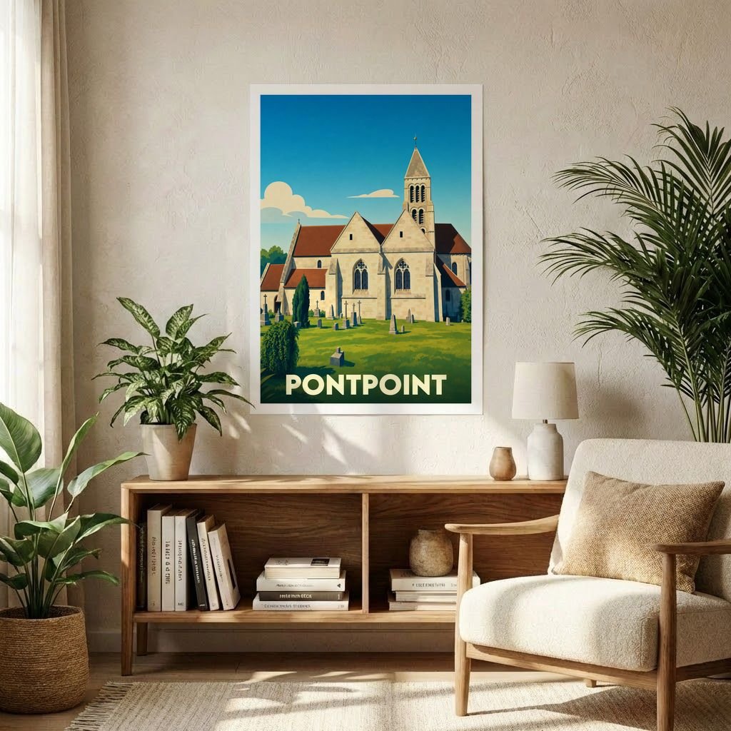 Affiche souvenir de la ville de Pontpoint représentant son église dans un style graphique épuré et coloré.