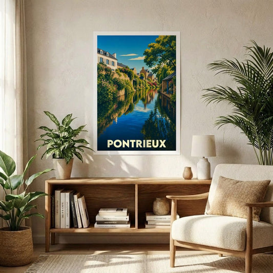 Affiche souvenir de la ville de Pontrieux avec une illustration stylisée d'un canal bordé de maisons et de fleurs.