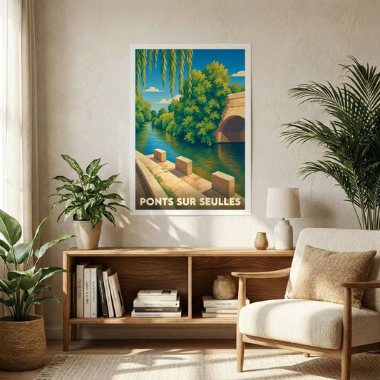 Affiche souvenir de la ville de Ponts sur Seulles avec une illustration stylisée d'un pont en bord de rivière.