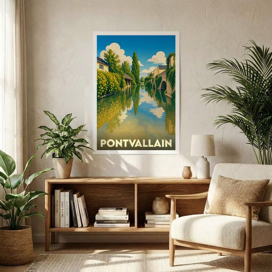 Affiche souvenir de la ville de Pontvallain avec une illustration stylisée représentant un canal paisible.
