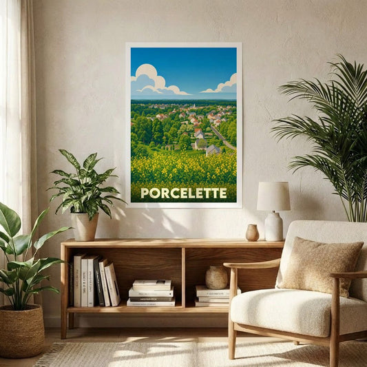 Affiche souvenir de la ville de Porcelette présentant un paysage rural illustré dans un style vintage.