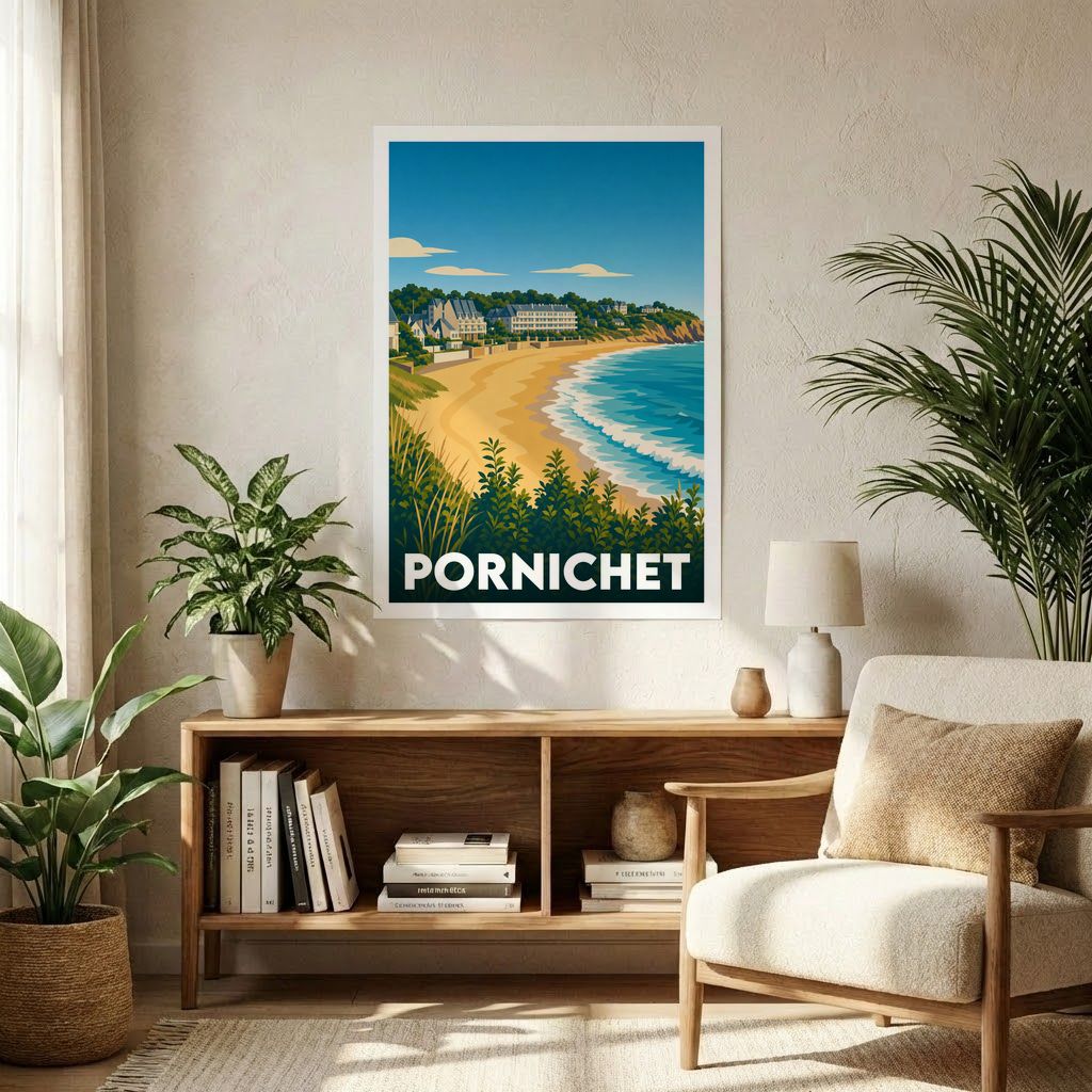 Affiche souvenir de la ville de Pornichet présentant une illustration stylisée de sa côte et de sa plage.