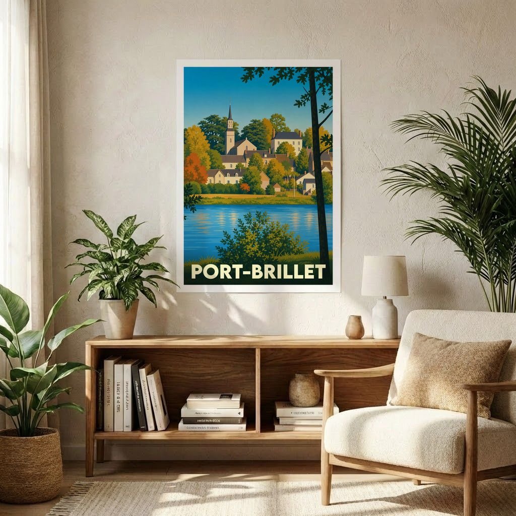 Affiche souvenir de la ville de Port-Brillet présentant une illustration stylisée d'un paysage lacustre et de son église.
