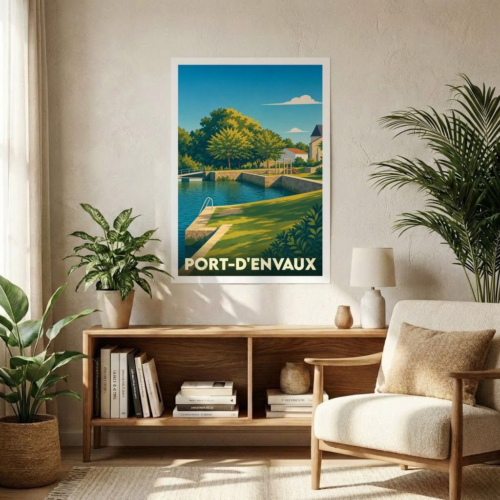 Affiche souvenir de la ville de Port-d'Envaux avec une illustration stylisée et colorée de ses quais.