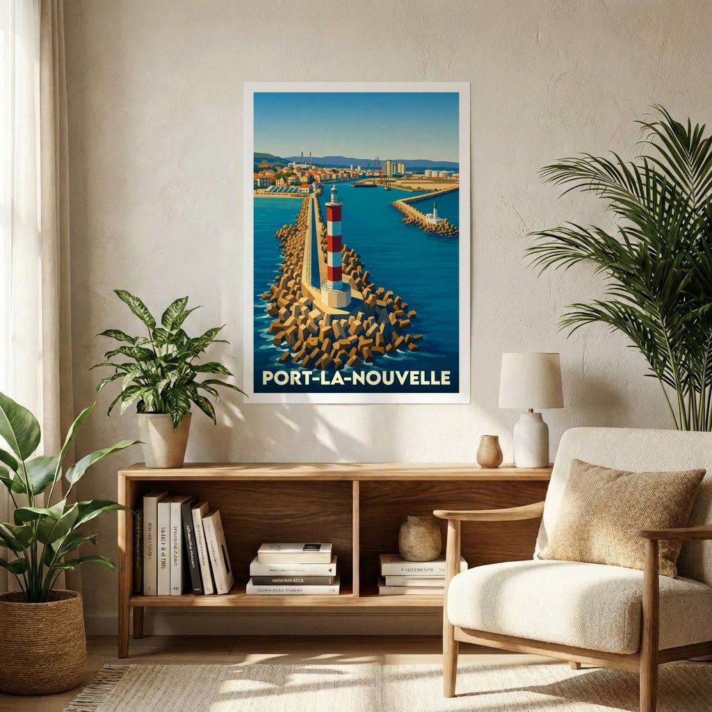 Affiche souvenir de la ville de Port-la-Nouvelle illustrant son phare rayé rouge et blanc et ses jetées stylisées.