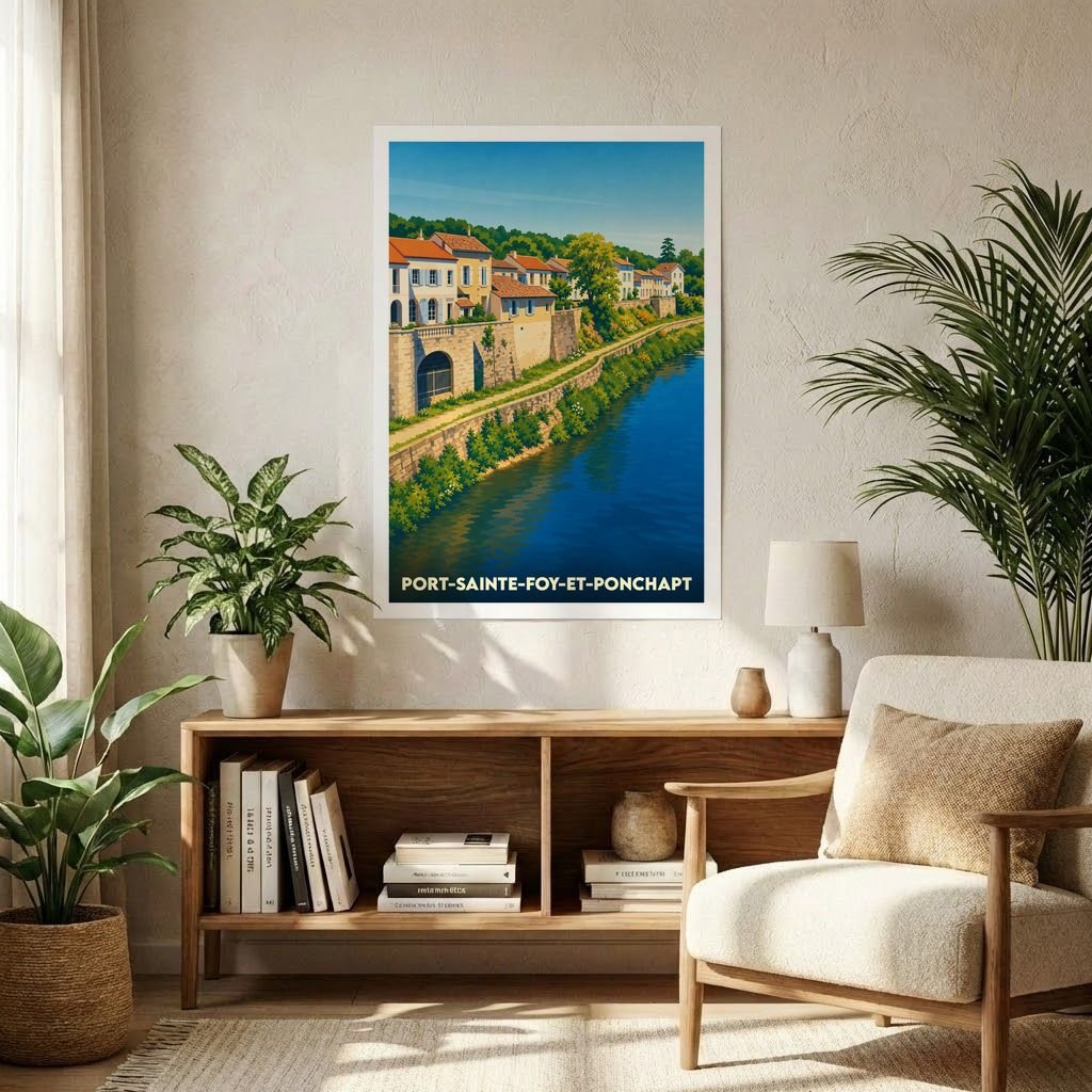 Affiche souvenir de la ville de Port-Sainte-Foy-et-Ponchapt illustrant un paysage de bord de rivière avec des maisons colorées.