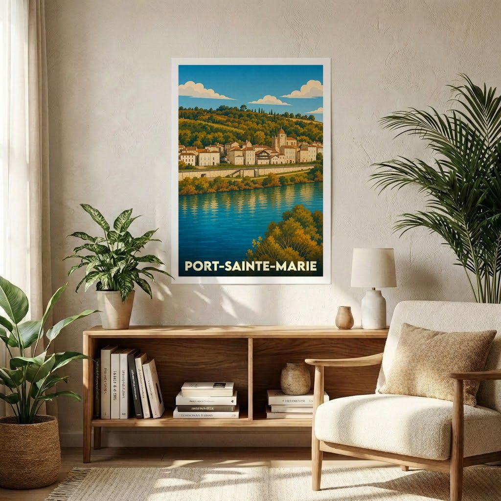 Affiche de voyage de la ville de Port-Sainte-Marie avec une illustration stylisée des bords du fleuve.