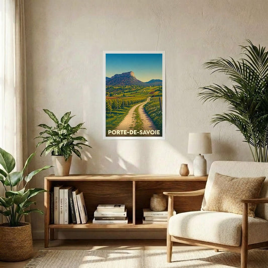 Affiche souvenir de la ville de Porte-de-Savoie avec une illustration stylisée d'un paysage de vignobles et de montagnes.